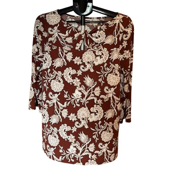 Chico’s Size 1 (Medium) Brown Floral Tunic Top Boho Soft Autumn Career Blouse - Picture 1 of 6